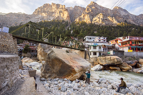 huge boulders in bhagirathi river - gangotri (india), bhagirathi river, bhagirathi valley, boulders, bridge, gangotri, men, mountain river, mountains, river bed, rock, truss