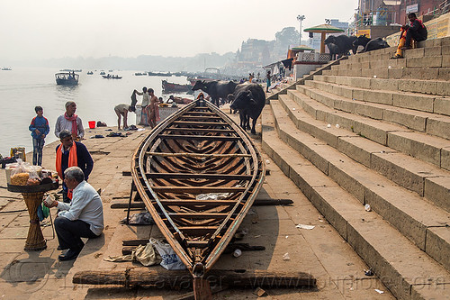 hull of riverboat on a ghat - varanasi (india), cows, ganga, ganges river, ghats, hull, river bank, river boat, steps, varanasi, water buffaloes