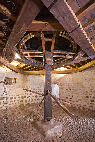 human powered machine - drive shaft - casa de la moneda - potosi (bolivia), bolivia, casa de la moneda, casa nacional de moneda, cobblestones, drive shaft, historical, mint, potosí, wood gears, wooden gears, wooden machine