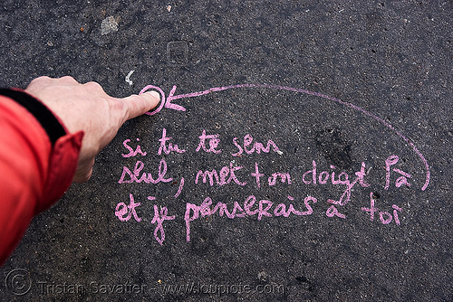 if you feel lonely... - graffiti on a sidewalk (paris), finger, french, graffiti, lonely, love, pink, sidewalk, street art
