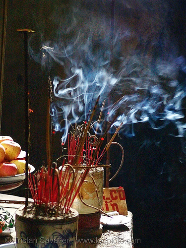 incense burning on altar - vietnam, amber, burning, caving, embers, incense, lang sơn, natural cave, smoke, spelunking, tam thanh cave, tâm thành, vietnam