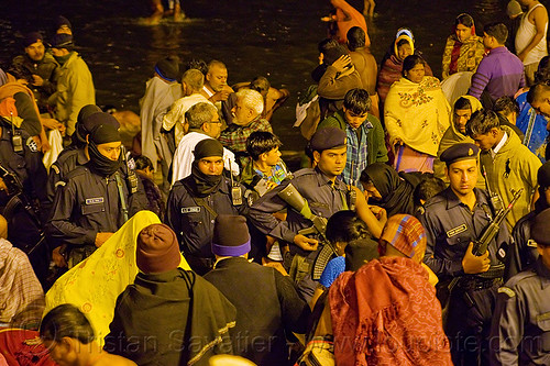 indian army elite commandos patrolling sangam at kumbh mela 2013 (india), a k singh, ak-47, akm, army uniform, commando, crowd control, guns, hindu pilgrimage, hinduism, indian army, insas rifles, kumbh mela, law enforcement, m k rai, men, military, mohammad shahzad, night, patrol, paush purnima, pilgrims, soldiers, squad, street lights, triveni sangam, women