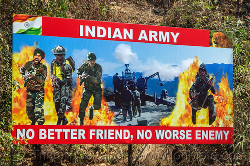 indian army - no better friend - no worse enemy - advertising billboard, advertising, billboard, fatigues, fire, indian army, man, military, poster, sign, sikh, soldiers, uniform