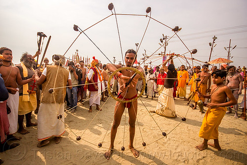 indian guy spinning balls and ropes in circle (india), crowd, game, hindu pilgrimage, hinduism, indian spinning balls, kumbh mela, man, metal balls, performer, ropes, spectators