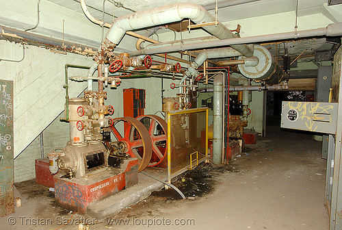 industrial compressor - abandoned factory (san francisco), compressors, derelict, graffiti piece, pipes, pumps, street art, tie's warehouse, trespassing, valves