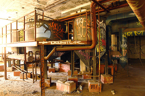 industrial vertical tanks, derelict, funnels, graffiti, rusted pipes, rusty, street art, tie's warehouse, trespassing