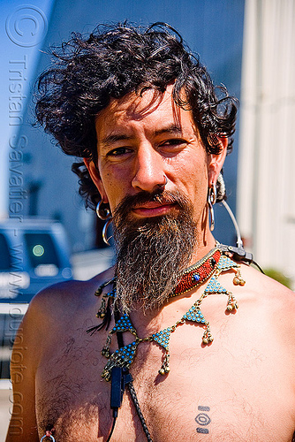 isaac - superhero street fair (san francisco), beard, earrings, isaac, islais creek promenade, man, necklace, superhero street fair