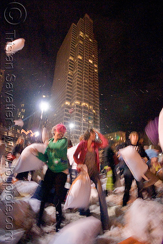 isis at the great san francisco pillow fight 2009 - one embarcadero center tower, building, down feathers, high-rise, hirise, isis, night, one embarcadero center, pillows, skyscraper, tower, world pillow fight day