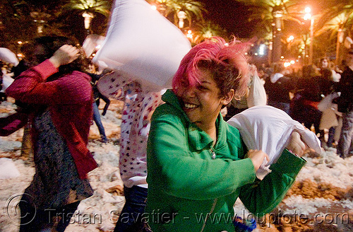 isis at the great san francisco pillow fight 2009, down feathers, isis, night, pillows, pink hair, world pillow fight day