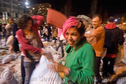 isis at the great san francisco pillow fight 2009, down feathers, isis, night, pillows, pink hair, world pillow fight day
