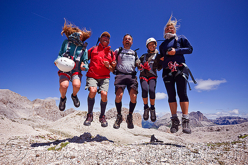 italian family jumping - via scalette trail (dolomites), alps, climbers, climbing helmet, dolomites, dolomiti, family, five, jump, jumpshot, men, mountain climbing, mountaineer, mountaineering, mountains, rock climbing, via ferrata, via scalette, women