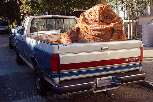 jabba the hutt in a pickup truck, character, giant muppet, jabba the hutt, pickup truck, special effects, starwars
