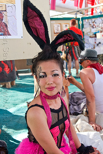 japanese bunny at center camp cafe, asian woman, attire, bunny ears, burning man outfit, elin, japanese, rabbit ears