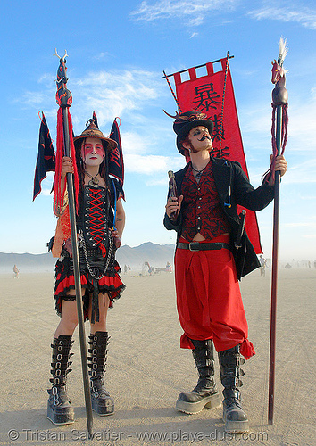 japanese warriors - burning man 2006, attire, burning man outfit, horse sticks, japanese horsemen costumes, woman