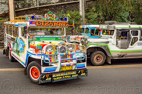 jeepney doing u-turn (philippines), baguio, colorful, decorated, jeepneys, painted, road, truck