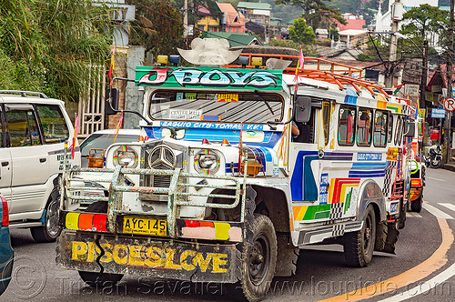 jeepney on road (philippines), baguio, colorful, decorated, front grill, jeepneys, painted, road, truck