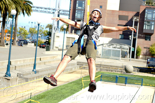 jessika riding the zipline (san francisco), adventure, climbing helmet, embarcadero, hanging, jessika, mountaineering, tyrolienne, urban, woman, zip line, zip wire