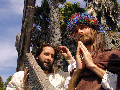 jesus christ - easter sunday in dolores park, san francisco, cross, easter, jesus christ, men, praying, randal smith