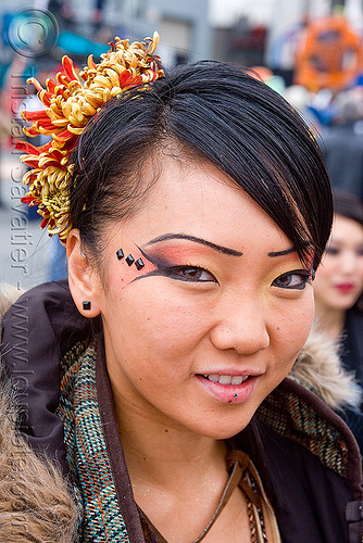 jolene - burning man decompression, asian woman, bindis, eye makeup, flower headdress, jolene