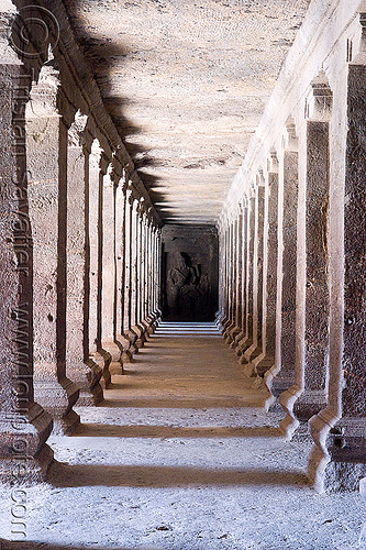 kailash temple - corridor - monolithic hindu temple - ellora caves (india), columns, ellora caves, hindu temple, hinduism, kailash temple, monolithic, rock-cut, vanishing point, कैलास मन्दिर