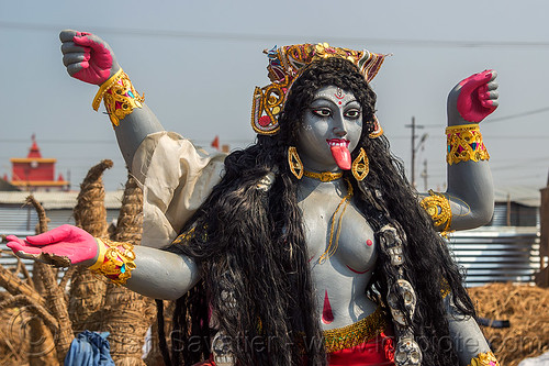 kali - hindu goddess (india), goddess, hindu pilgrimage, hinduism, kali maa, kumbh mela, sculpture, skull necklace, skulls necklace, statue, sticking out tongue, sticking tongue out