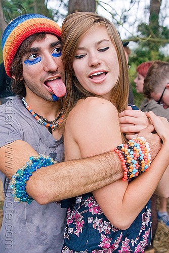 kandi couple hugging, beads, bracelets, hugging, kandi kid, kandi raver, man, party, sticking out tongue, sticking tongue out, woman