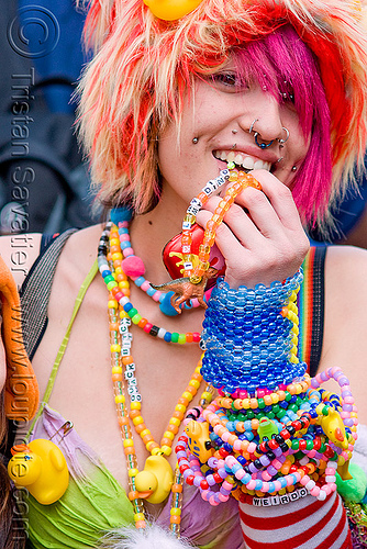 kandi kid girl - kandi bracelets - ashley (san francisco), ashley, beads, bracelets, bridge piercing, cheek piercing, clothing, fashion, fluffy, fuzzy, hat, kandi cuffs, kandi kid, kandi raver, nose piercing, nostril piercing, pink hair, rubber ducky, septum piercing, woman