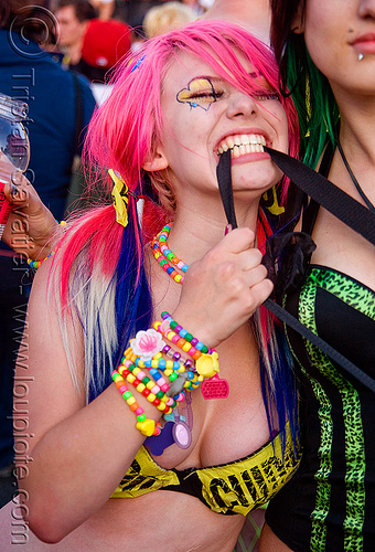 kandi kid girl with pink hair, beads, bracelets, clothing, fashion, kandi cuffs, kandi kid, kandi raver, lovevolution, pink hair, woman