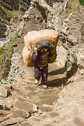 kashmiri load bearer with heavy bag on trail - amarnath yatra (pilgrimage) - kashmir, amarnath yatra, bag, hindu pilgrimage, kashmir, load bearer, man, mountain trail, mountains, muslim, pilgrim, wallah