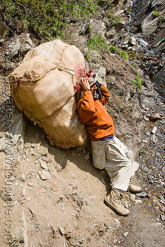 kashmiri load bearer with large bag on trail - amarnath yatra (pilgrimage) - kashmir, amarnath yatra, bag, hindu pilgrimage, kashmir, load bearer, man, mountain trail, mountains, muslim, pilgrim, wallah