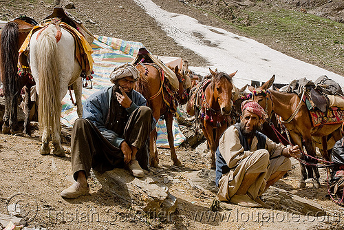 kashmiri load bearers with their ponies - amarnath yatra (pilgrimage) - kashmir, amarnath yatra, crowd, glacier, hindu pilgrimage, horseback riding, horses, kashmir, kashmiris, load bearers, men, mountain trail, mountains, muslim, pilgrims, ponies, snow, wallahs