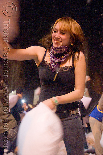 kat at the great san francisco pillow fight 2009, bandana, down feathers, kat, night, pillows, woman, world pillow fight day