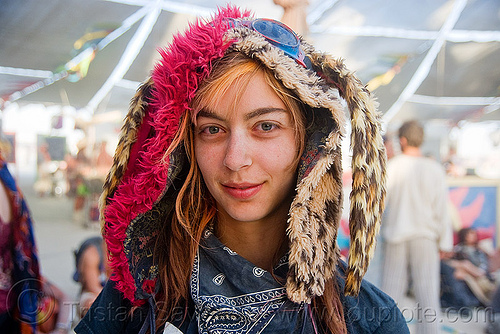 kate riegle van west, acrobatics, acrobats, attire, bandana, burning man outfit, ee magic circus band, environmental encroatchment, fur hat, fuzzy hat, kate, plush, voortrek, woman