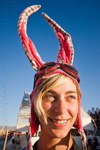 kate with bunny ears - burning man 2010, bunny ears, burning man, goggles, kate, rabbit ears, woman