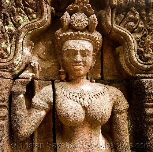 khmer hindu goddess - stone carved hi-relief statue - wat phu champasak (laos), goddess, khmer temple, laos, main shrine, sculpture, statue, wat phu champasak