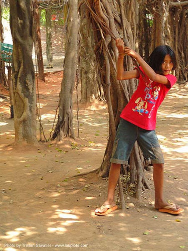 kid playing with banyan tree (near phimai) - thailand, child, kid, tree