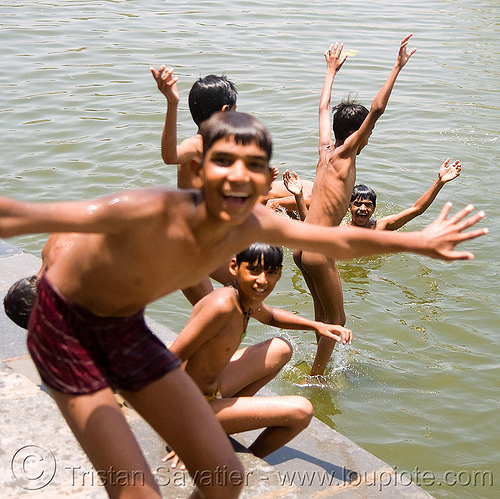 kids bathing in lake - udaipur (india), bath, bathing, children, kids, lake, swimming, udaipur