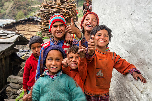 kids fooling around in village in indian himalayas, boys, children, girl, janki chatti, kids, knit cap, village