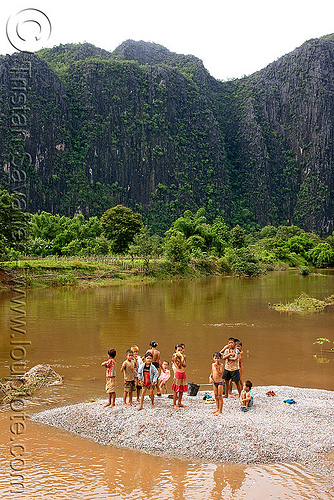 kids on river beach (laos), beach, boys, children, girls, kids, kong lor, river bathing