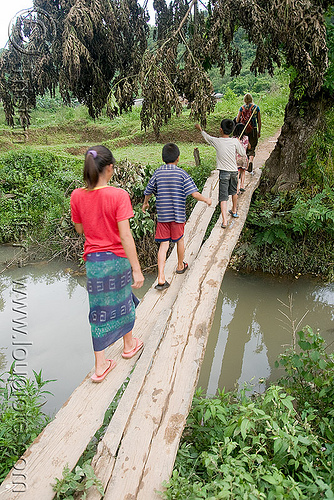 kids on small footbridge (laos), bridge, child, crossing, footbridge, kids, laos, river, stream, viang xai