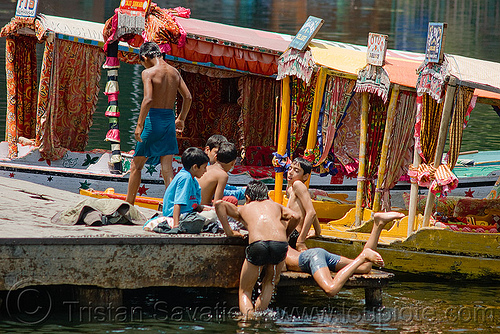 kids playing in lake - srinagar - kashmir, bath, bathing, children, kashmir, kid, lake, pier, small boats, srinagar, swimming, taxi-boats, wading, سِرېنَگَر, شرینگر, श्रीनगर