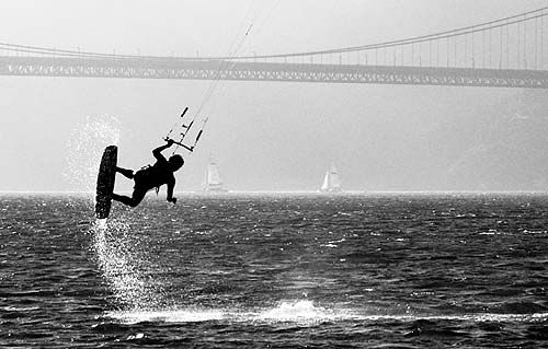 kiteboarder (san francisco), crissy field, golden gate bridge, jump, kite surfer, kiteboard, kiteboarder, kiter, suspension bridge