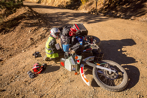 klr 650 motorbike crash on dirt road, accident, california, crash, dirt road, dropped, dual-sport, eastern sierra, helmets, kawasaki, klr 650, laying down, luggage, mishap, motorcycle touring, panniers, rack, tank bags, woman