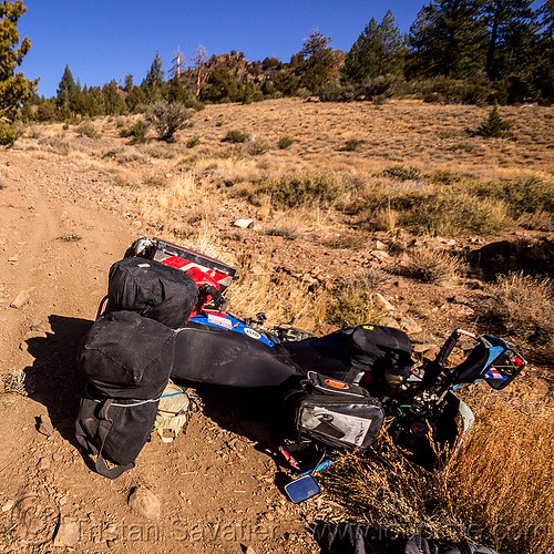 klr 650 motorbike crash on dirt trail, accident, california, crash, dirt road, dropped, dual-sport, eastern sierra, kawasaki, klr 650, laying down, luggage, mishap, motorcycle touring, panniers, rack, tank bags