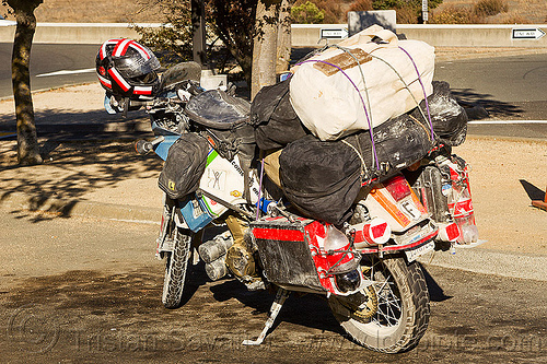 klr 650 motorbike with heavy load, cargo, dual-sport, duffle bags, freight, kawasaki, klr 650, luggage rack, motorcycle touring, overloaded, pannier cases, panniers, tank bags, tool tubes