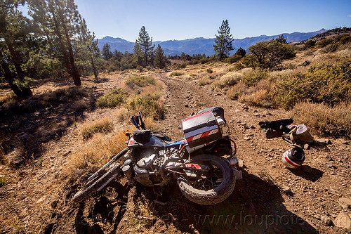 klr 650 motorcycle crash on trail, accident, california, crash, dirt road, dropped, dual-sport, eastern sierra, helmet, kawasaki, klr 650, laying down, luggage, mishap, motorcycle touring, panniers, rack, tank bags