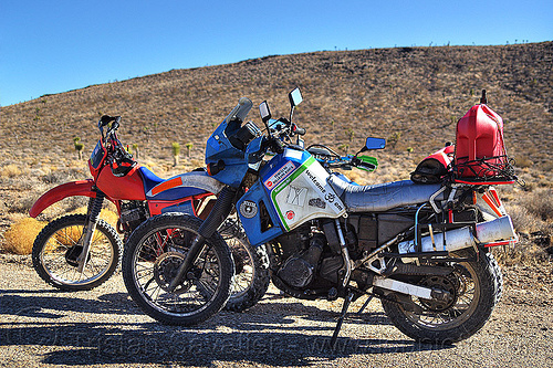 KLR 650 on desert trail, death valley, dirt road, dual-sport, fuel, gasoline, honda, jerrycan, kawasaki, klr 650, motorcycle touring, motorcycles, petrol, plastic can, unpaved, xr 350