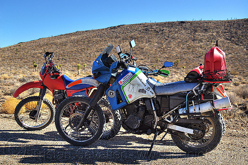 klr 650 on desert trail, death valley, dirt road, dual-sport, fuel, gasoline, honda, jerrycan, kawasaki, klr 650, motorcycle touring, motorcycles, petrol, plastic can, unpaved, xr 350