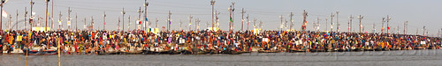 kumbh mela (india) - huge crowd gathering at sangam for the holy bath in the ganges river, crowd, ganga, ganges river, hindu pilgrimage, hinduism, kumbh mela, nadi bath, panorama, paush purnima, pilgrims, river bank, triveni sangam