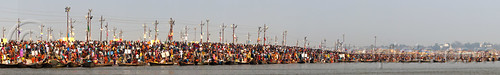 kumbh mela (india) - millions of hindu pilgrims gathering at sangam for the holy bath in the ganges river, crowd, ganga, ganges river, hindu pilgrimage, hinduism, kumbh mela, panorama, paush purnima, pilgrims, river bank, triveni sangam